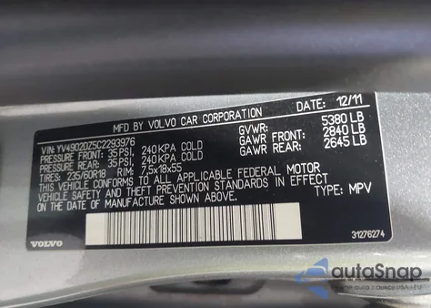 2012 Volvo Xc60 T6 R-Design from USA, damaged, VIN YV4902DZ5C2293976